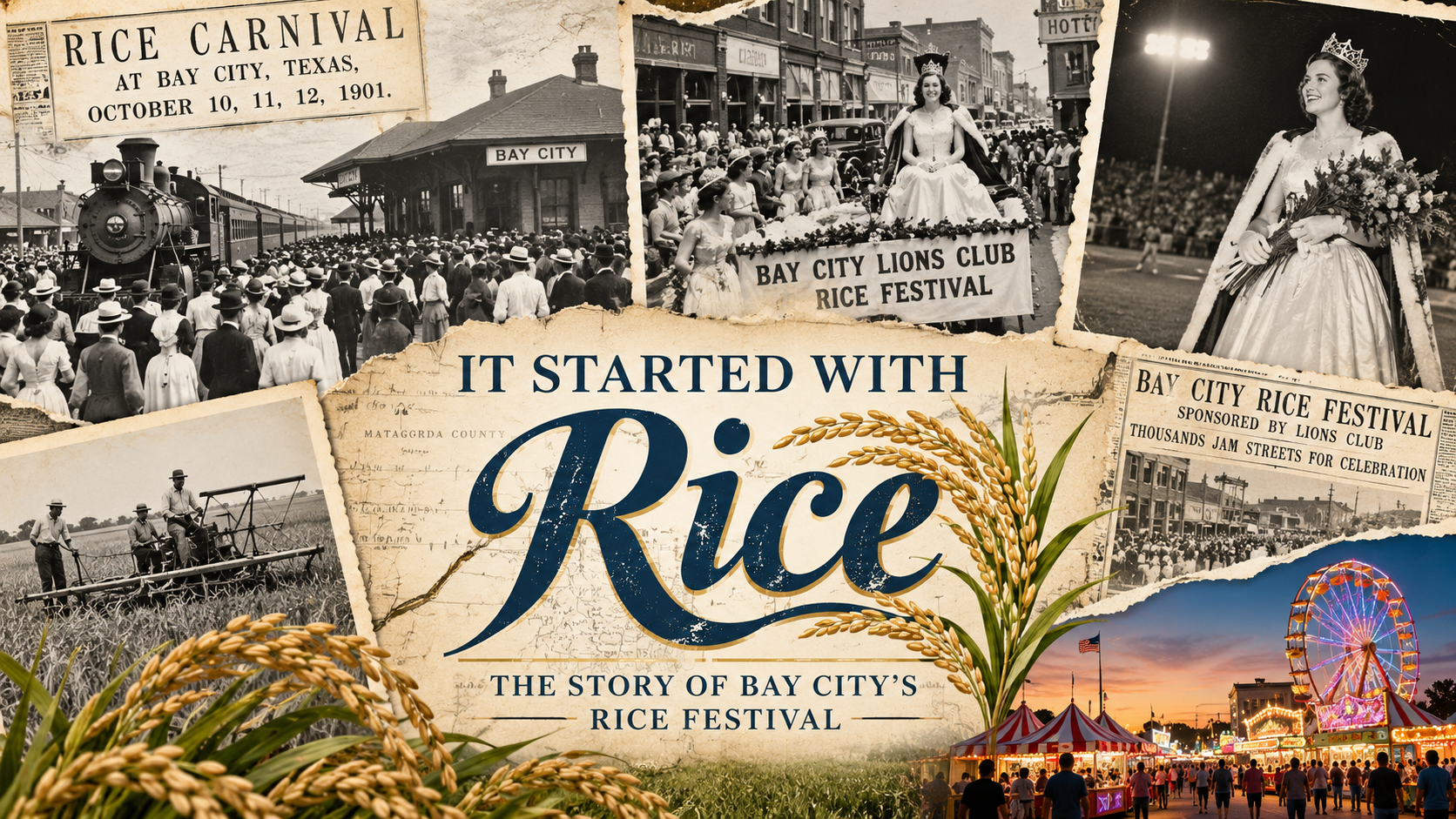 llustrated historical collage of Bay City Rice Festival history, from rice farming and the railroad to Lions Club parades, queens and the modern festival.
