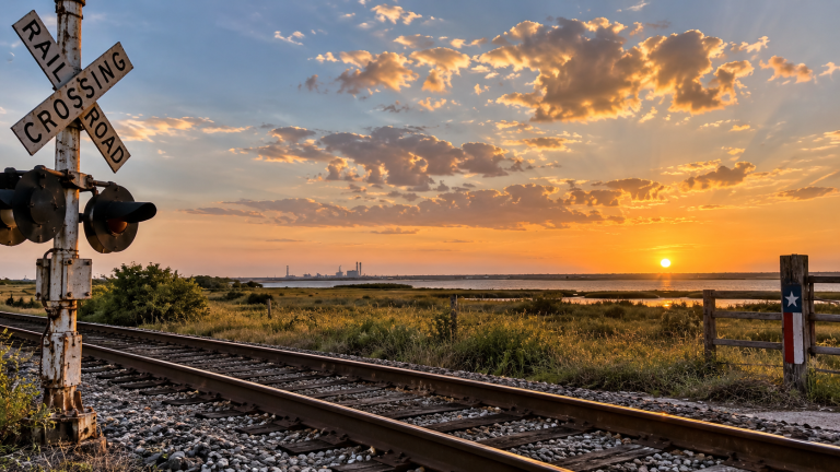 Railroad tracks crossing the coastal landscape of Matagorda County, Texas at sunset